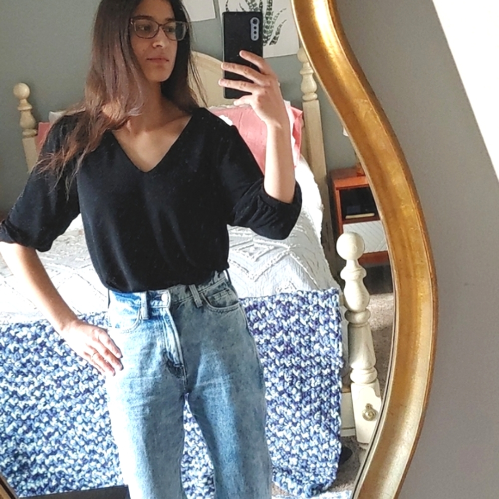 H&M Puff Sleeve Metallic Black Top - Picture 2 of 5